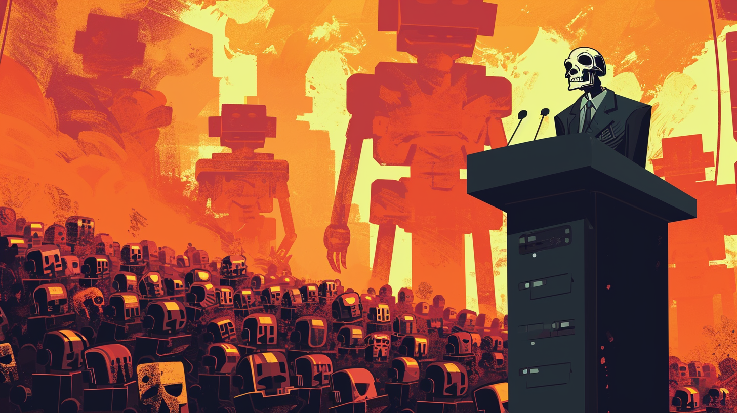 Man with Skull Mask addressing Army of Robots