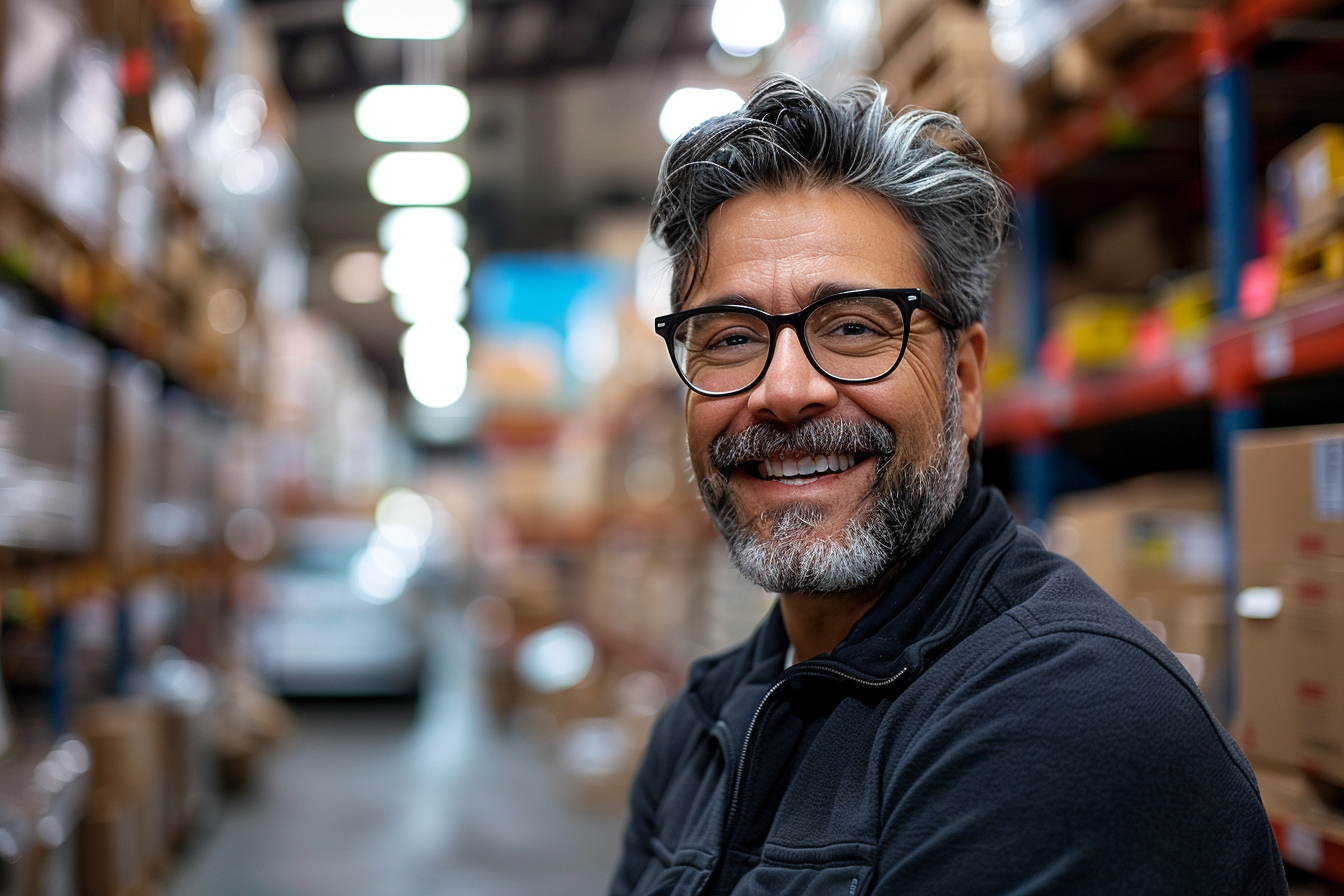 Man smiling in warehouse with car