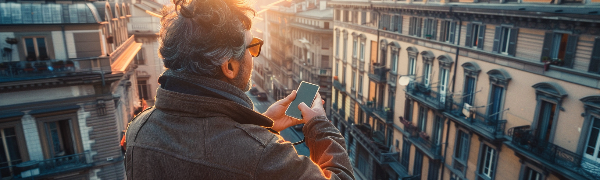 man smiling holding phone buildings