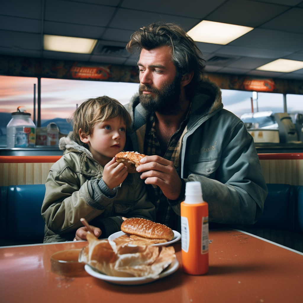 Father and Son Enjoying Breakfast at a Truck Stop