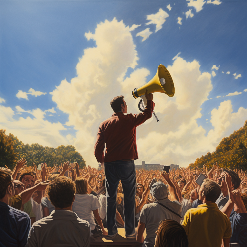 Man speaking to crowd with golden megaphone