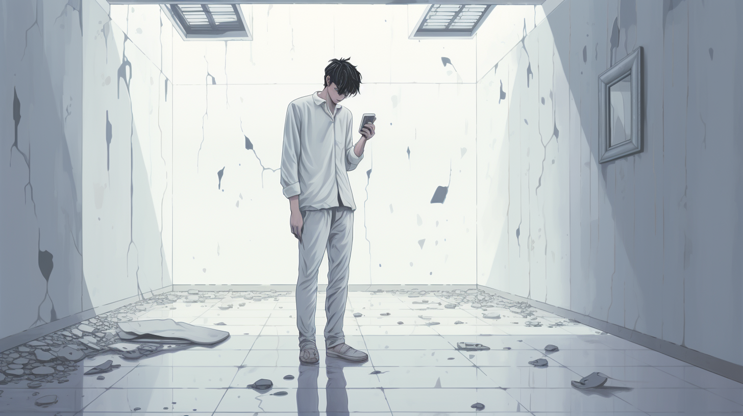 Image of a happy man standing alone in a white room with a broken phone