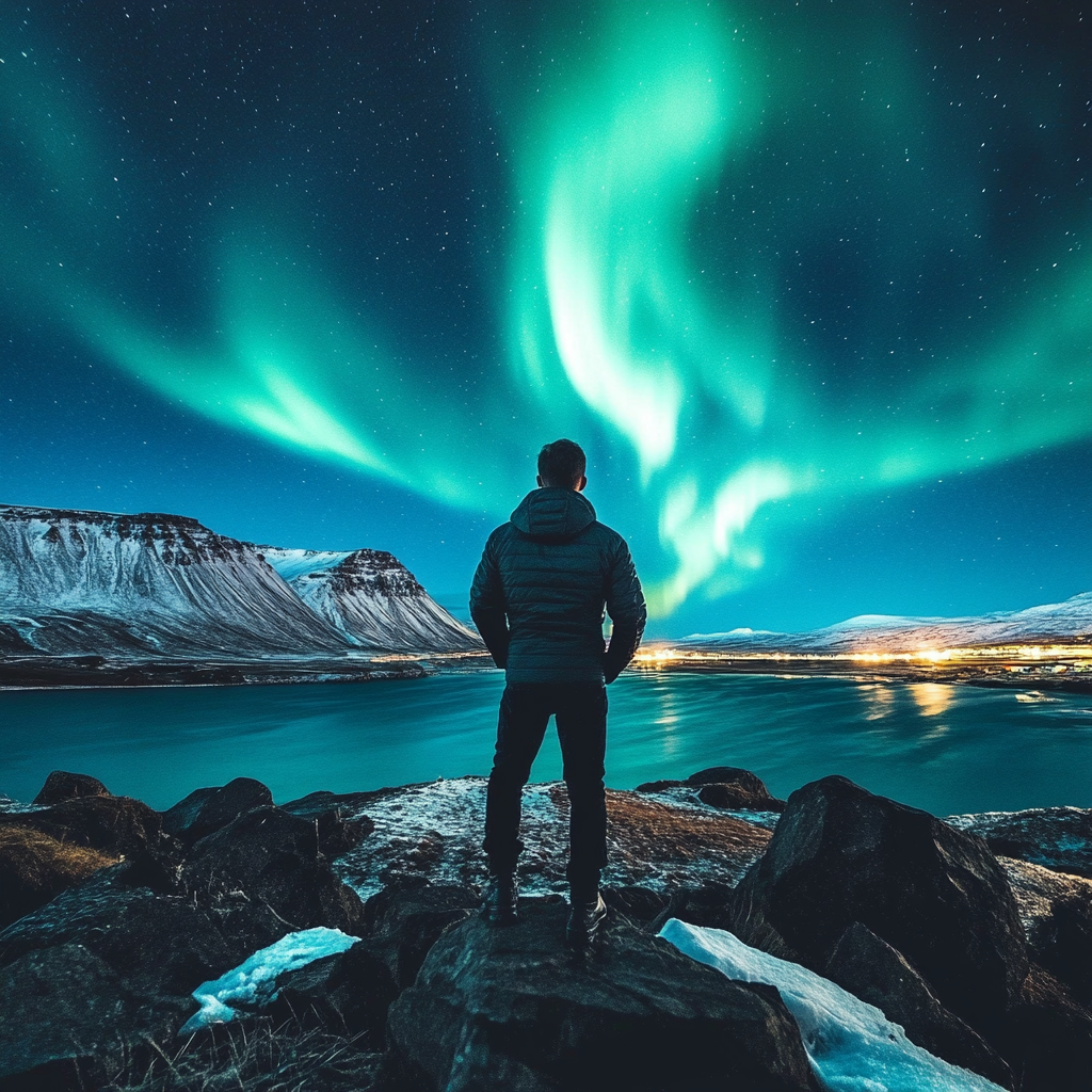 Man on Cliff Aurora Image