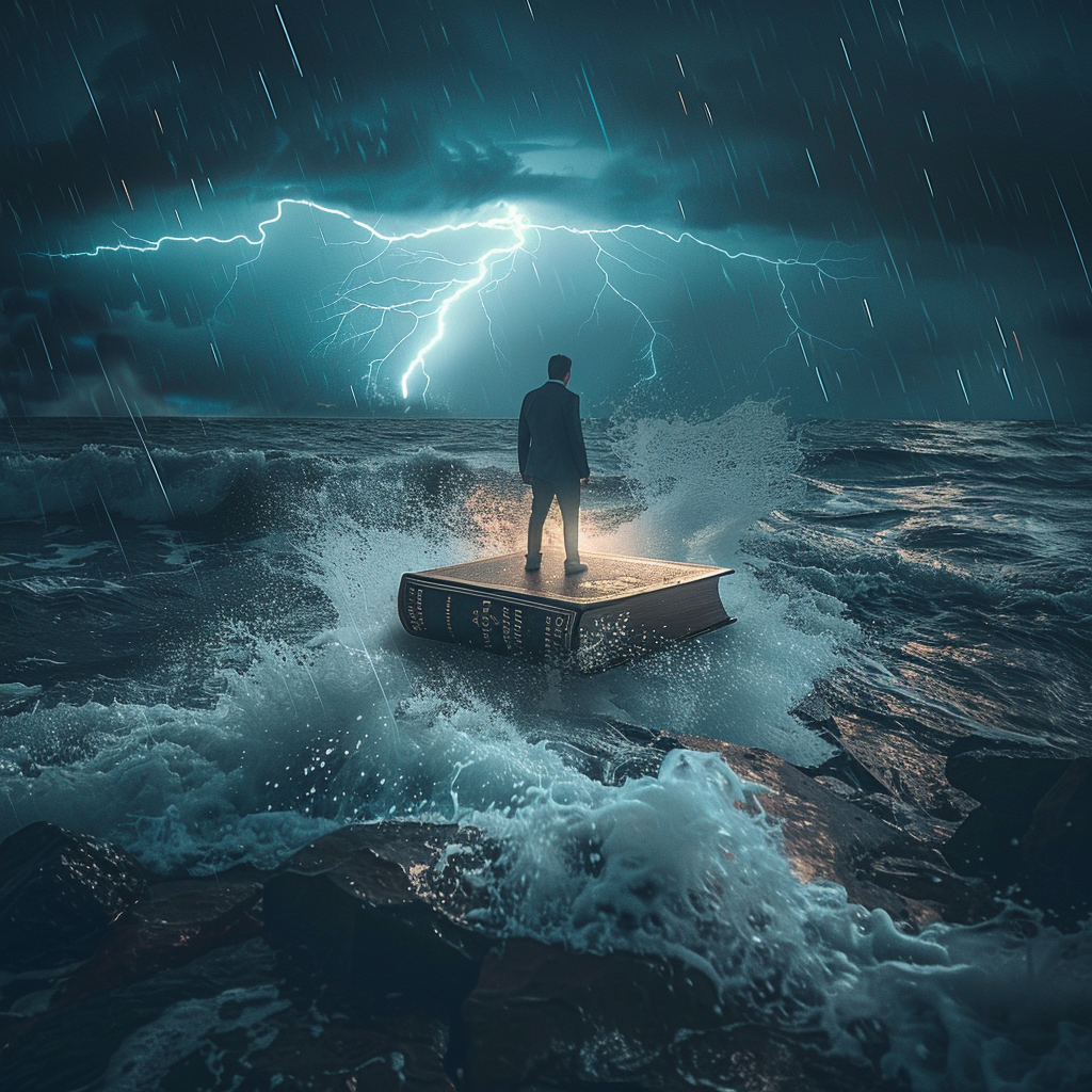 Man on Giant Bible in Storm