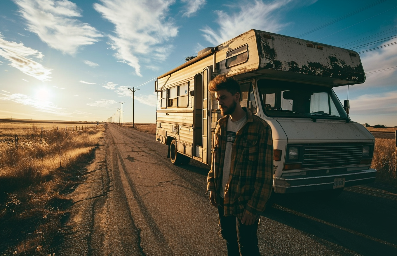 Man standing in front of 1970s RV on rural highway