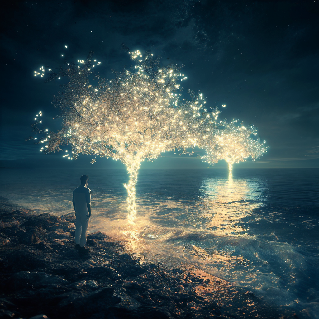 Man standing near light tree and ocean