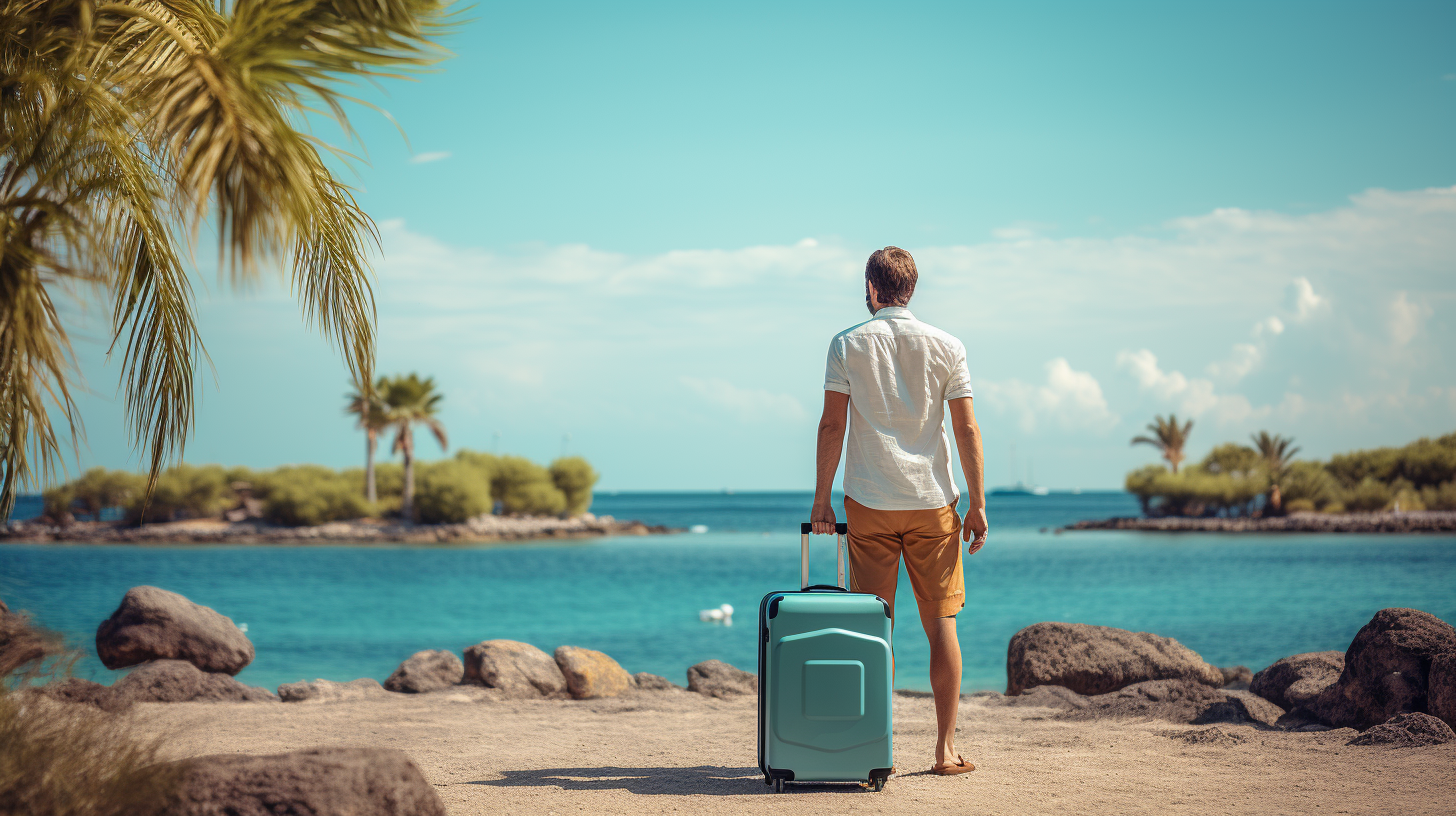 Man Standing with Luggage near Beach Resort