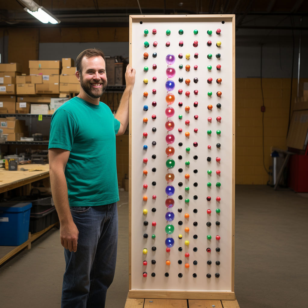 Man standing next to DIY Plinko board