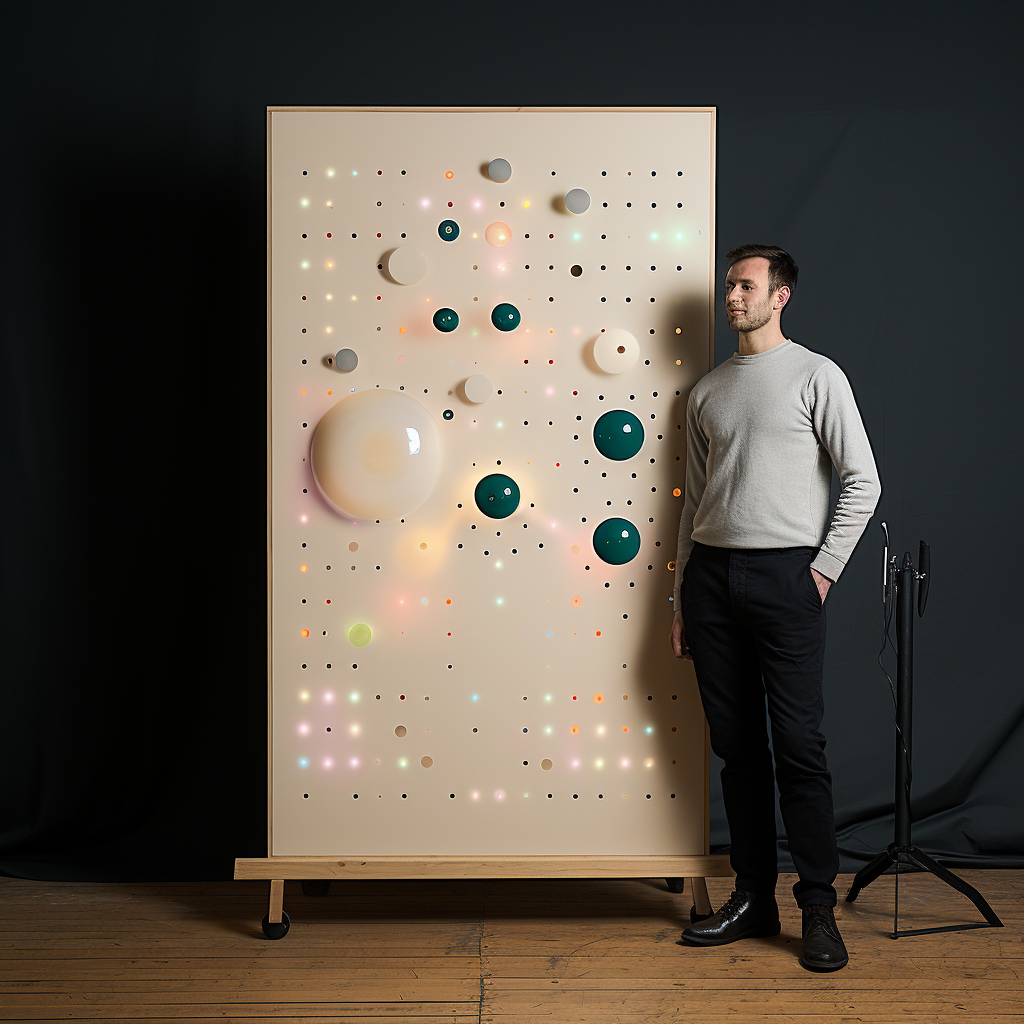 man with DIY plinko board