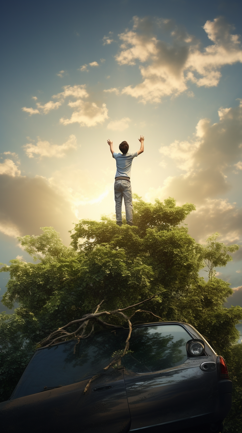 Man on Car Reaching High with Sunlight