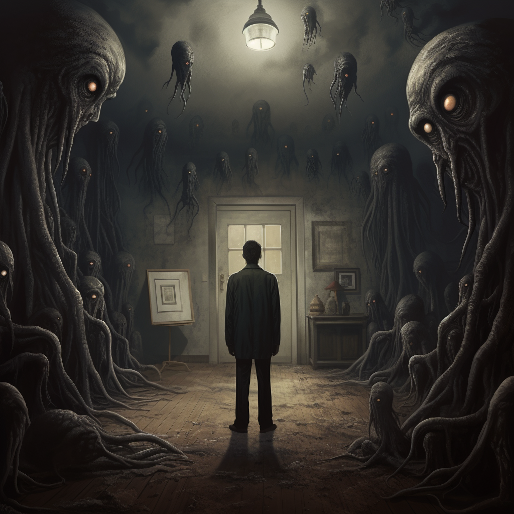 Man standing in silence with dark monsters