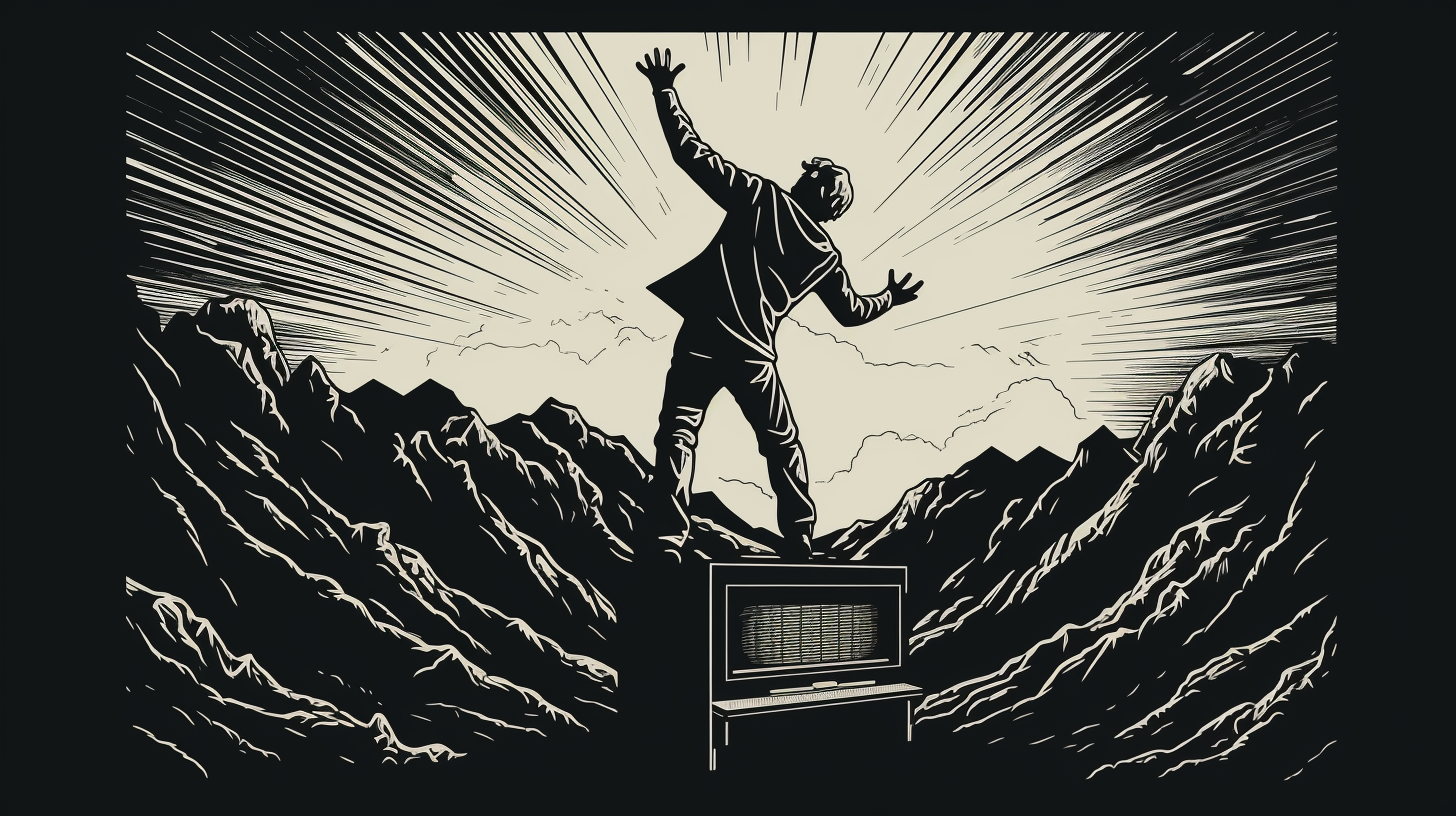 Black and white woodcut style illustration of a man pushing a 80s television up a mountain