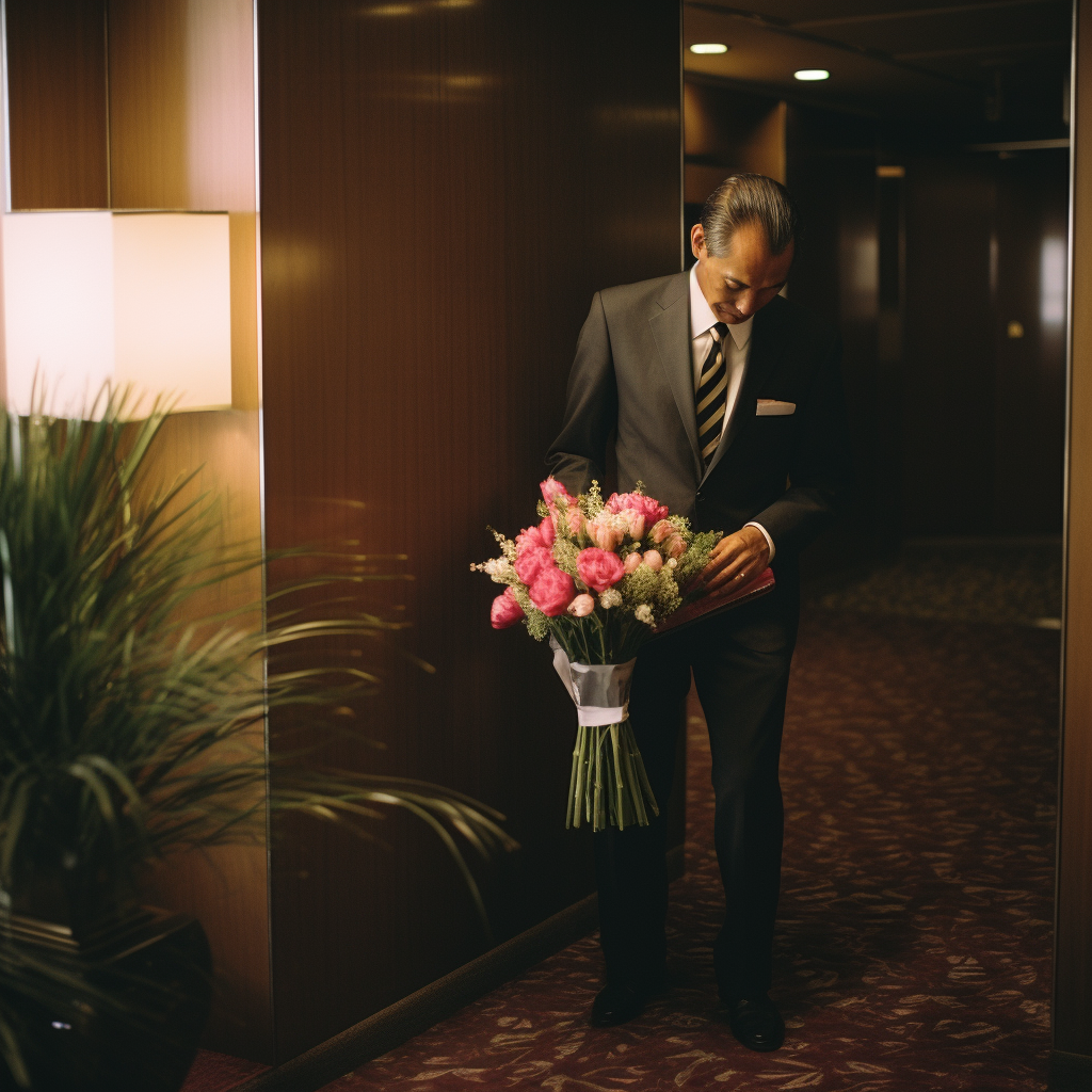 Man in Suit with Box in Hotel Suite