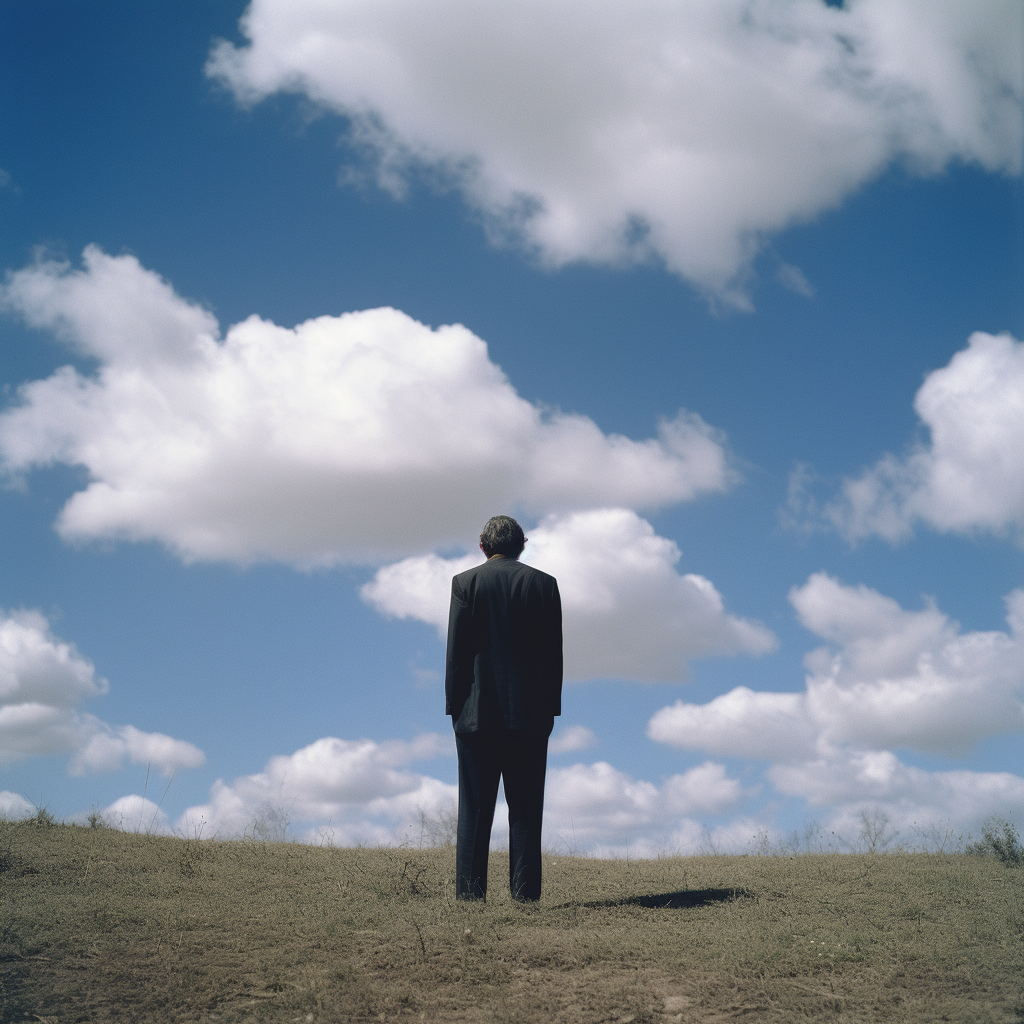 Man falling through blue sky and clouds