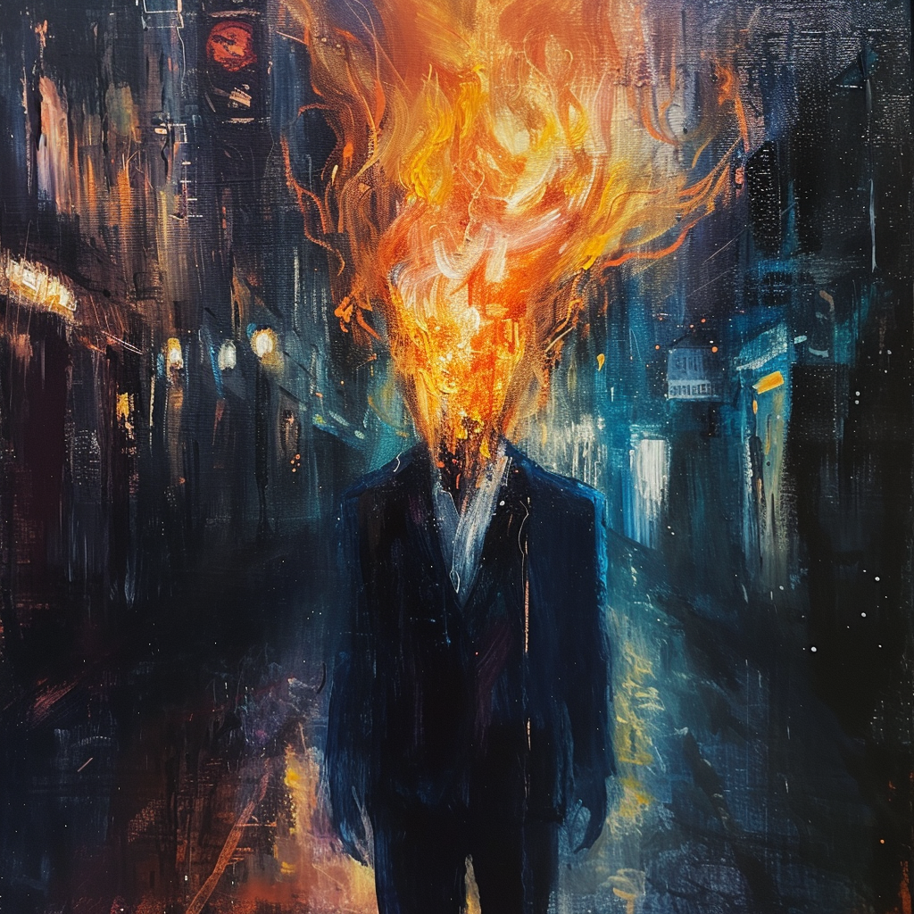 Man in Suit with Head on Fire