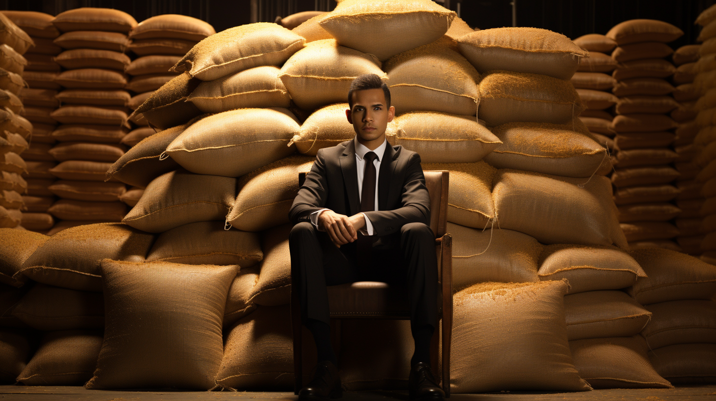 Man in Suit Seating on Chair with Rice Sacks