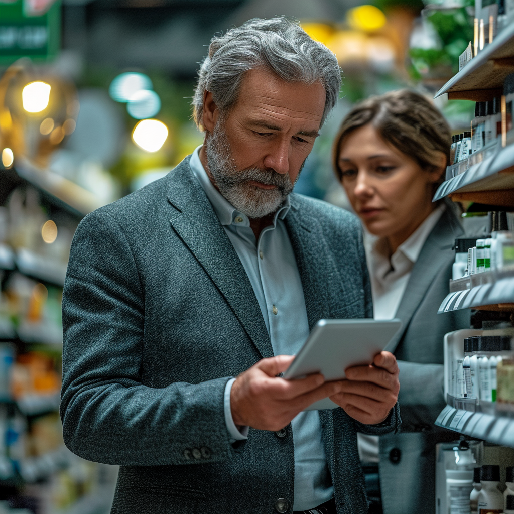 Man in suit showing iPad