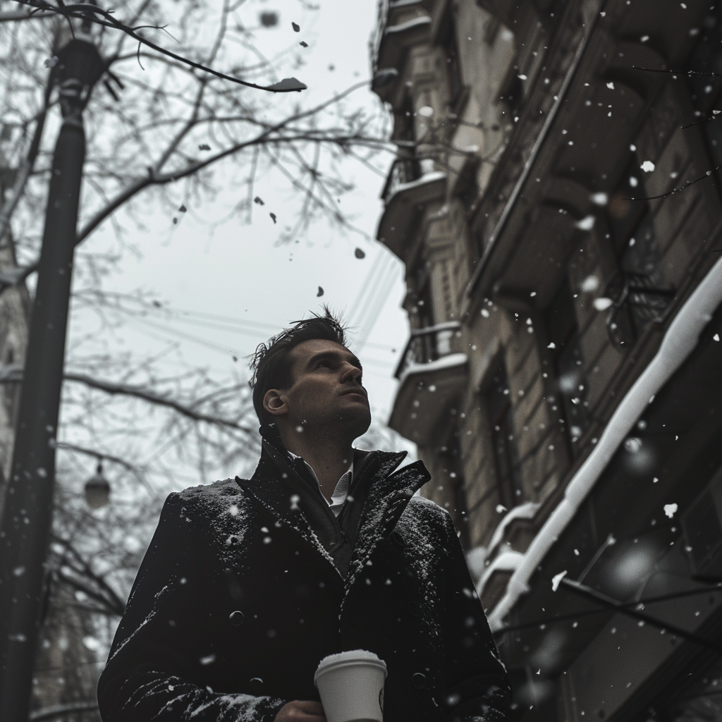 Man in Snow with Hot Coffee