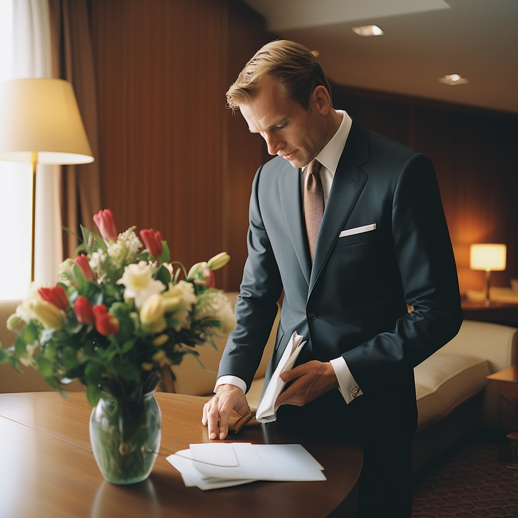 Man suit tucking box into jacket