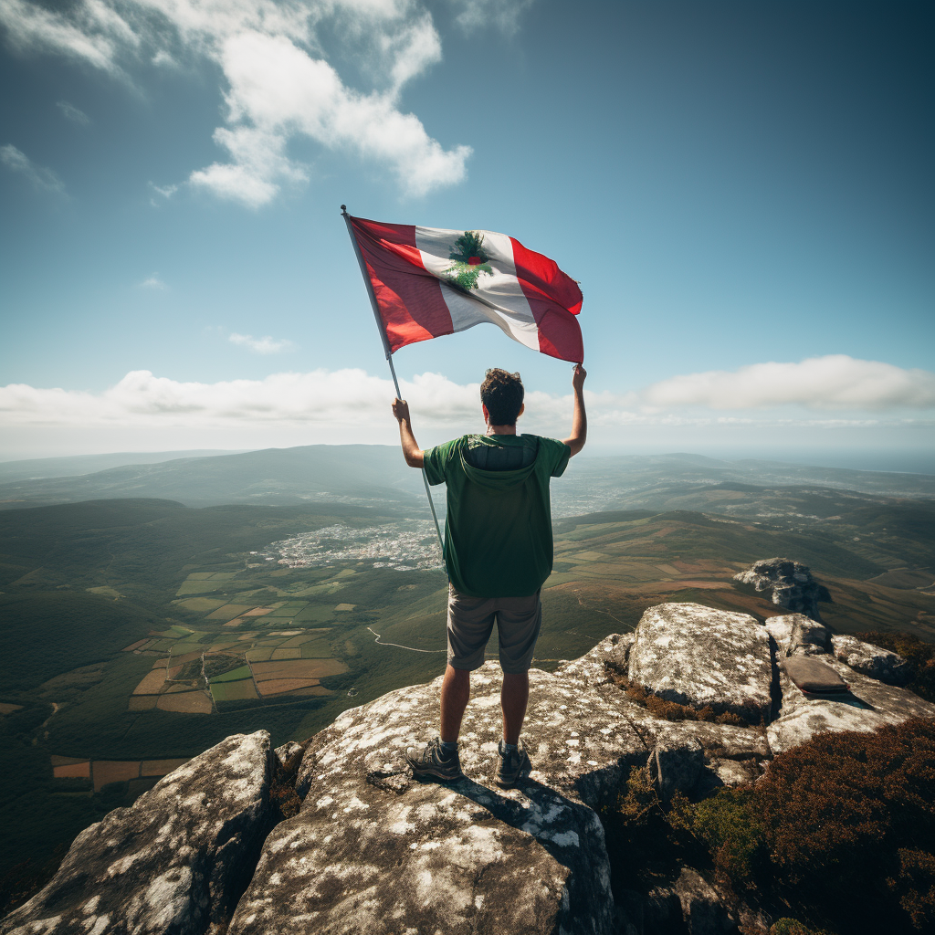 Man triumphantly holding Portugal flag on summit