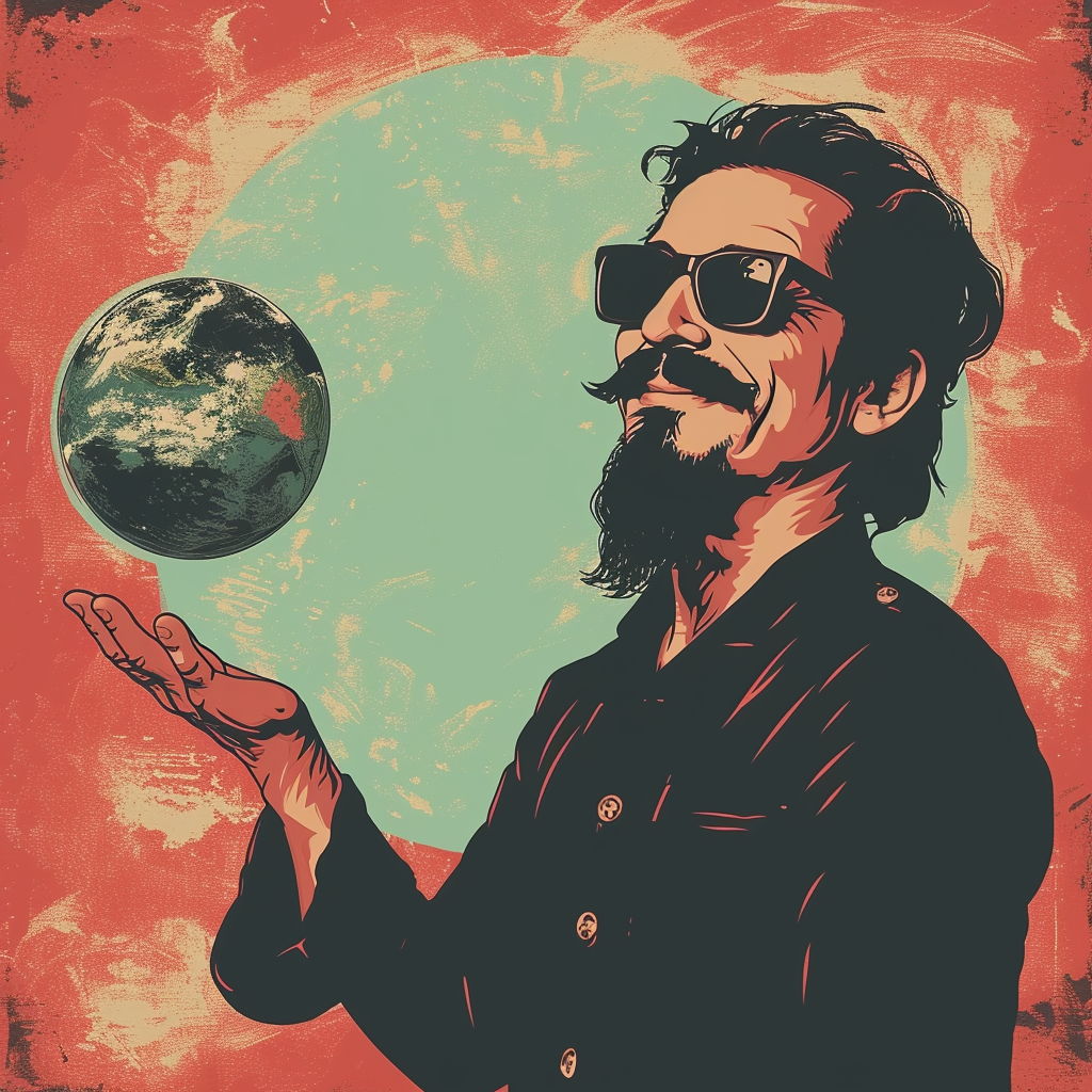 Man with sunglasses and black mustache holding Earth