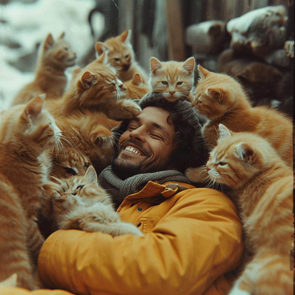 Man enjoying cuddles from many cats