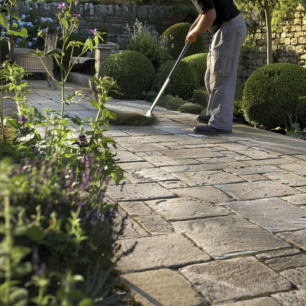 Man sweeping patio stones outdoors