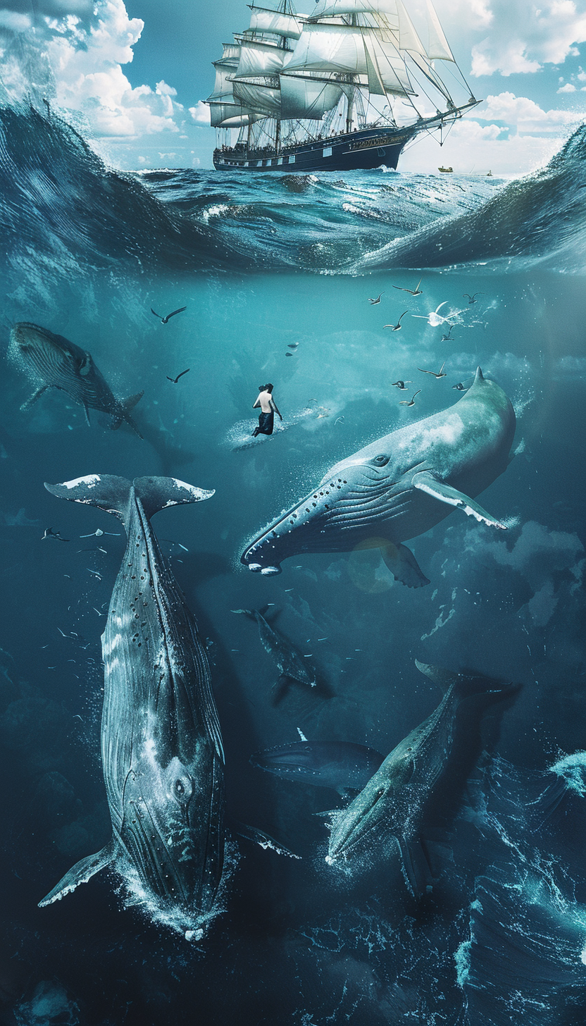 Man swimming with whales