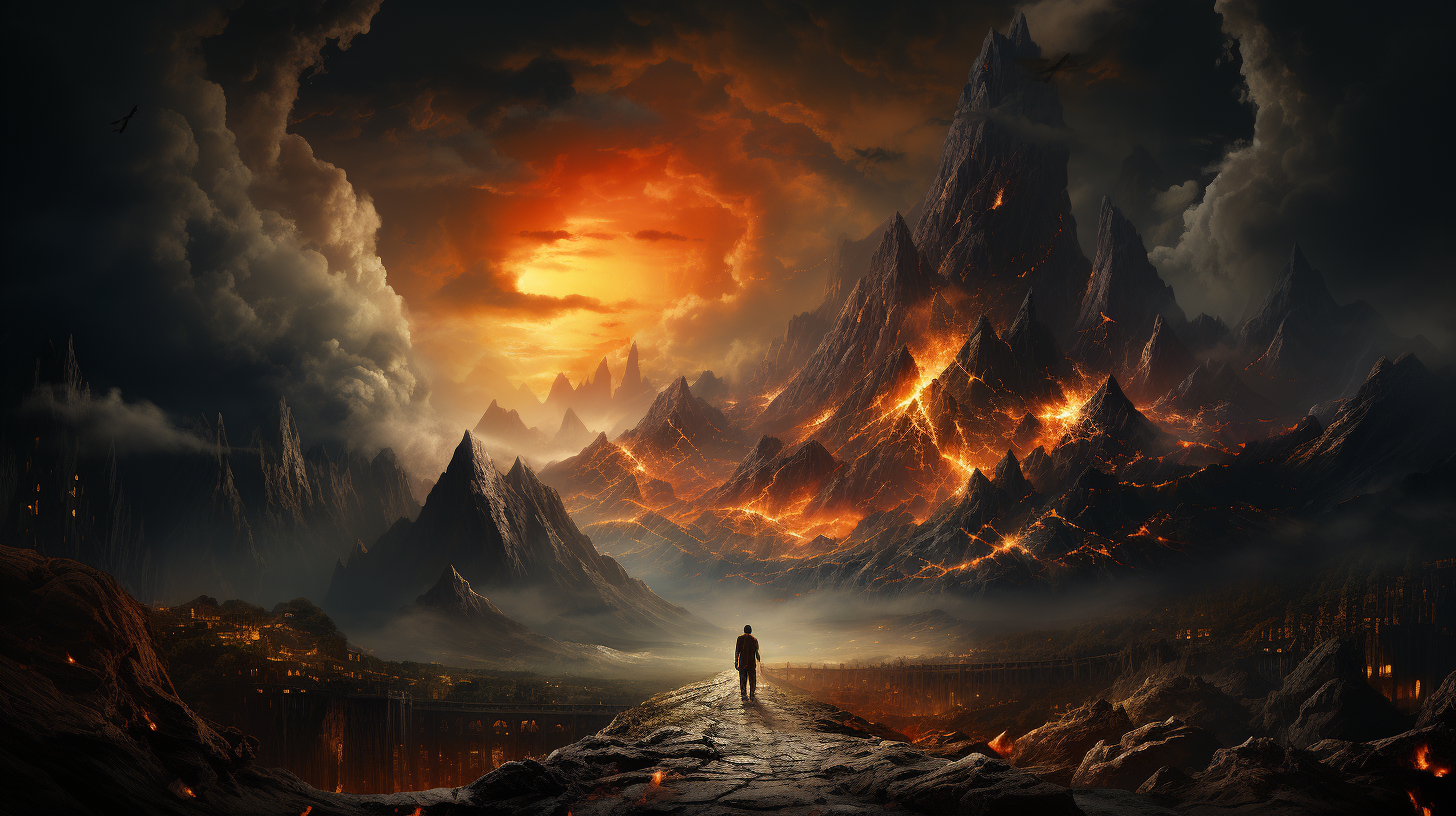 Courageous man with sword looking towards fiery mountain