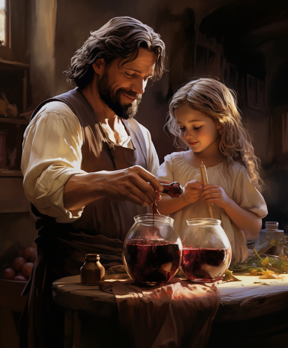 Father teaching children wine making process