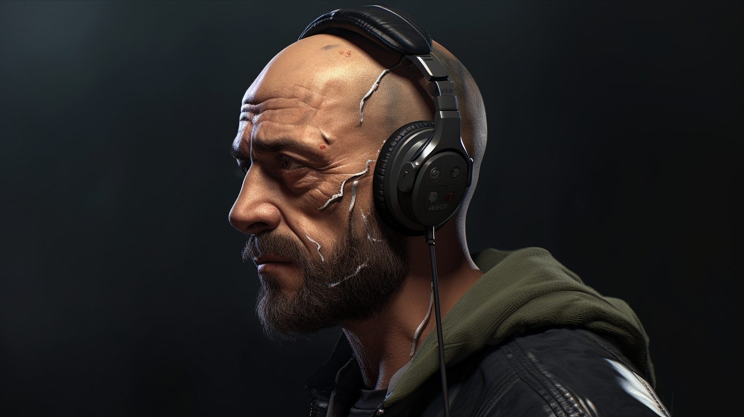 Man Wearing Old Headphones with Tears