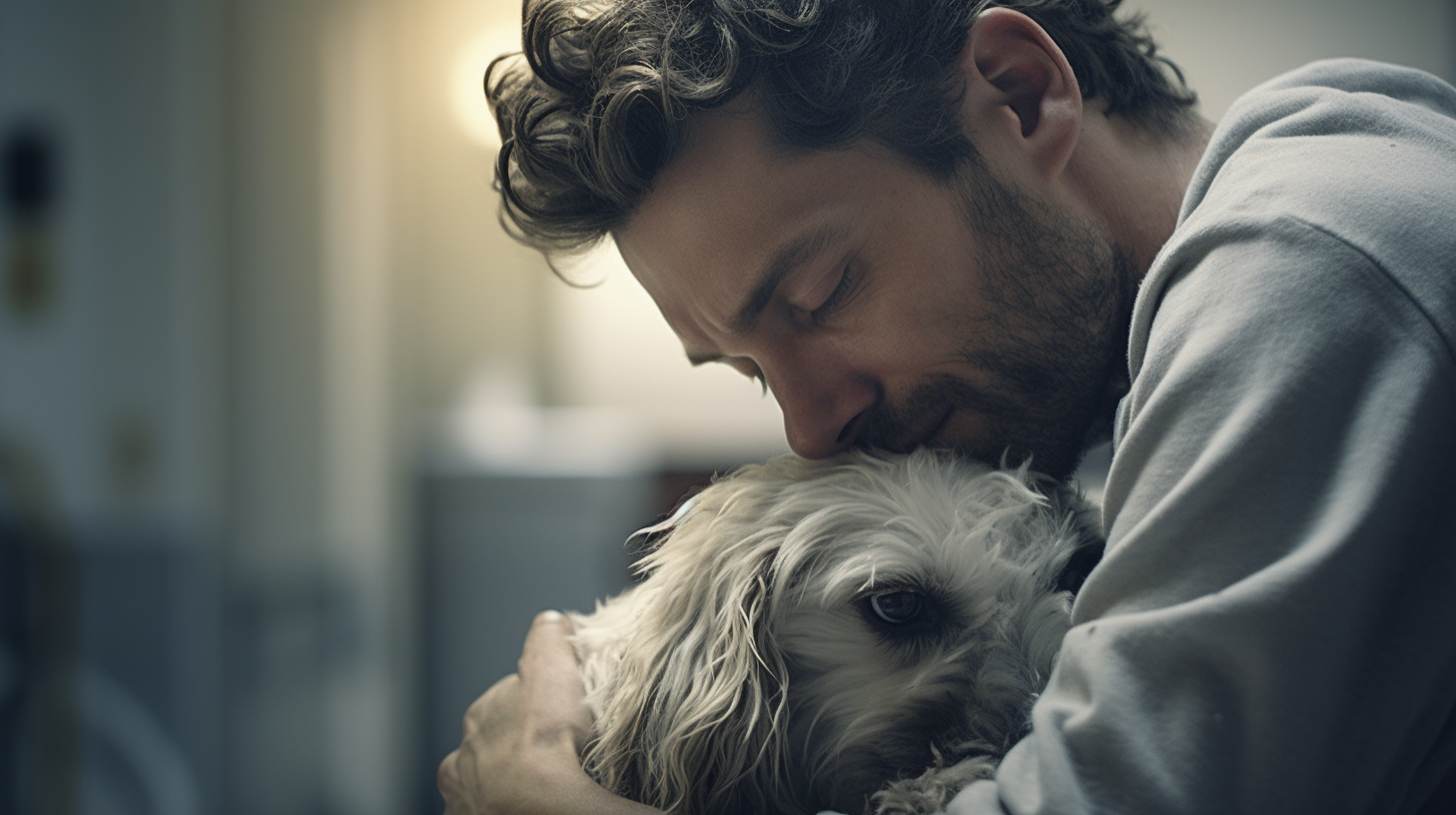 Man holding sick dog in tears