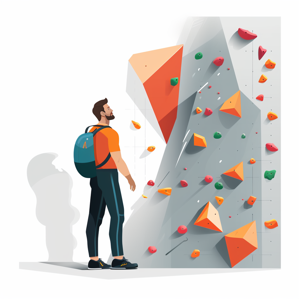 A man contemplating at a climbing wall gym