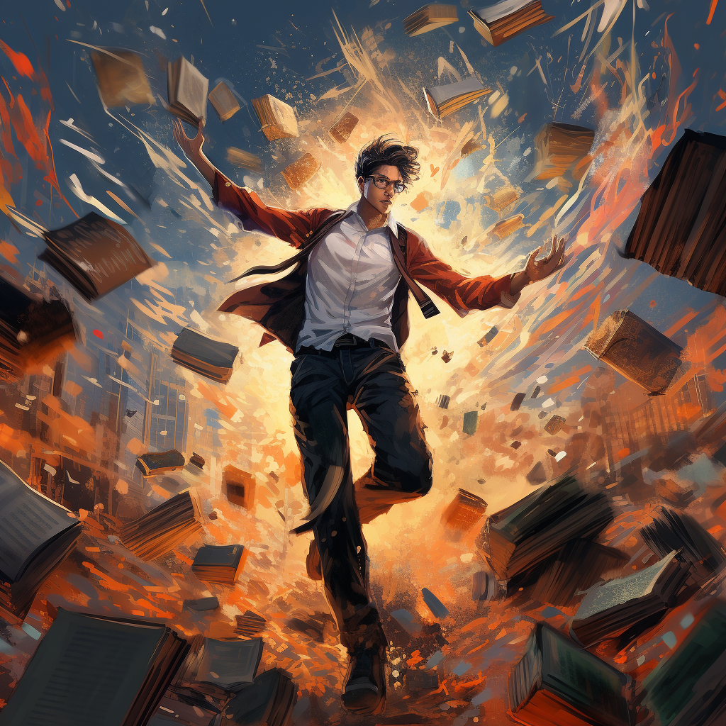 Man throwing books on water with chaos in abstract illustration