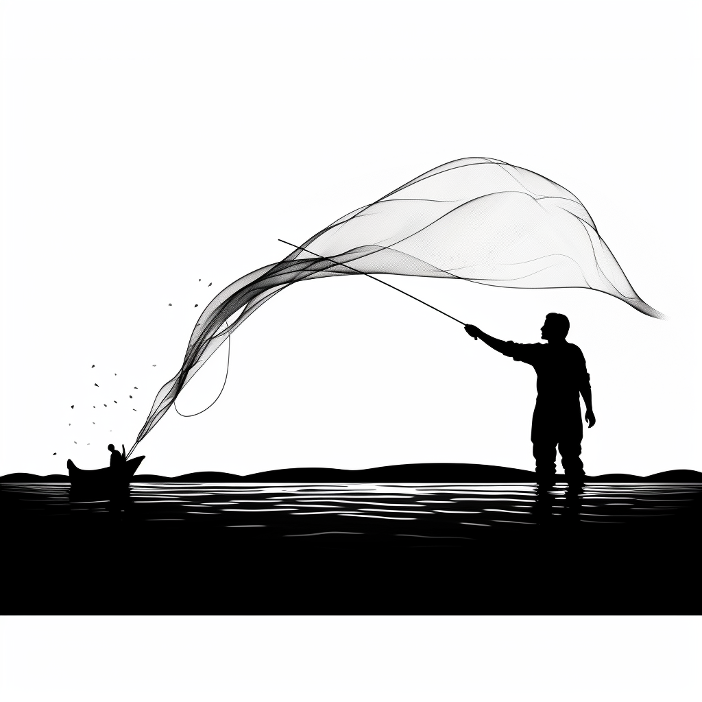 Silhouette of a fisherman casting a net