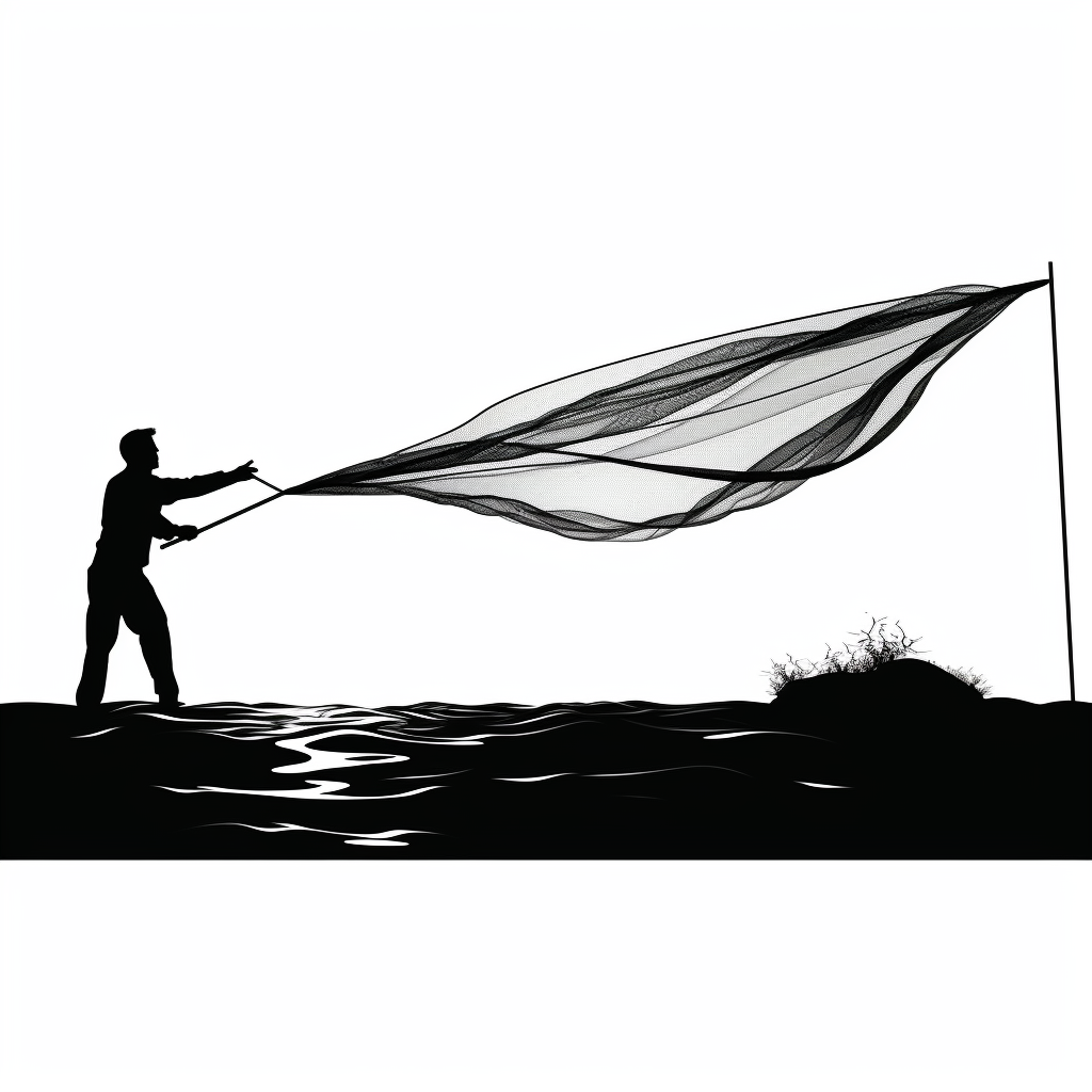 Silhouette of man throwing net into the sea