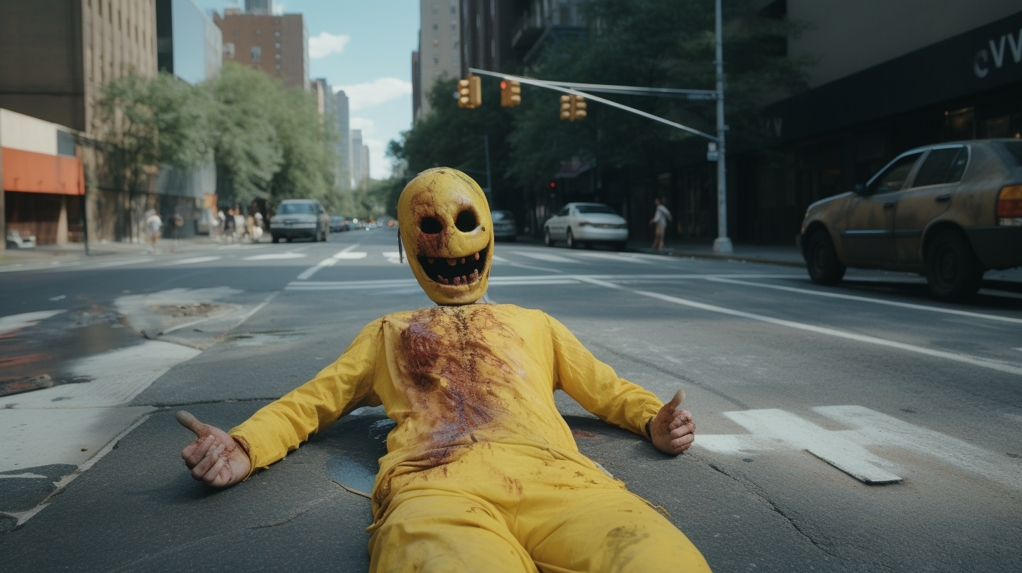 Dead man with thumbs up emoji on NYC street