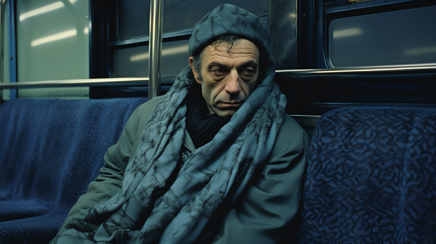 Man wearing blue scarf on train