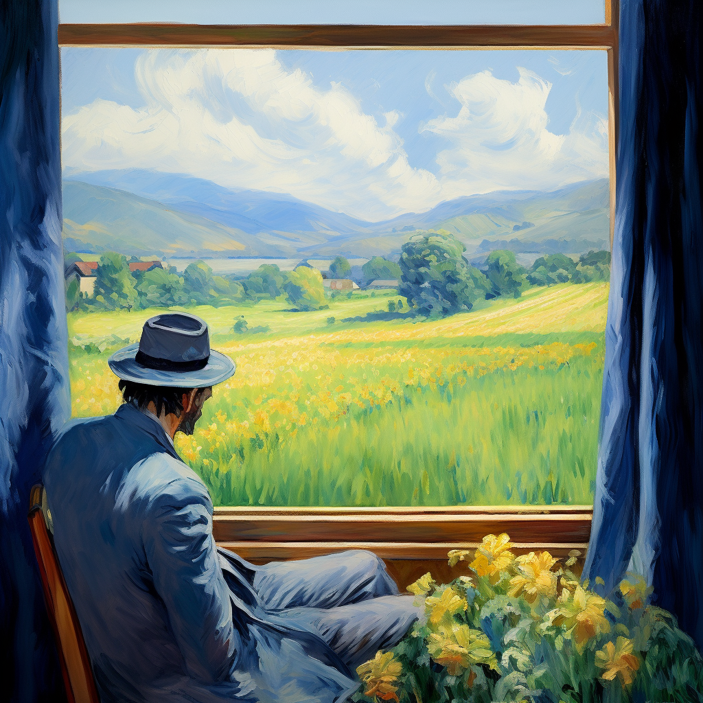 Man watching countryside pass through train window