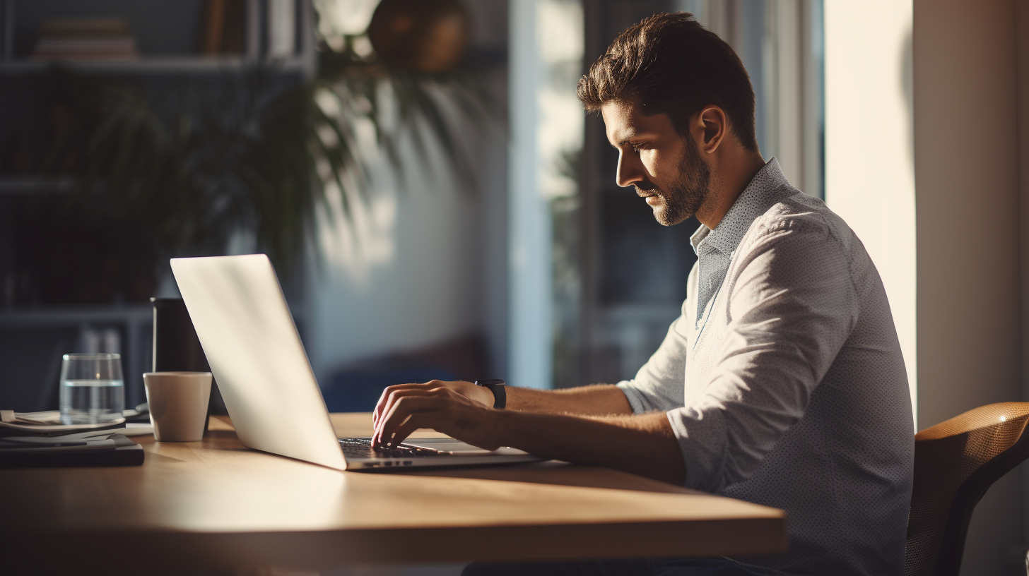 Man typing on laptop in small office