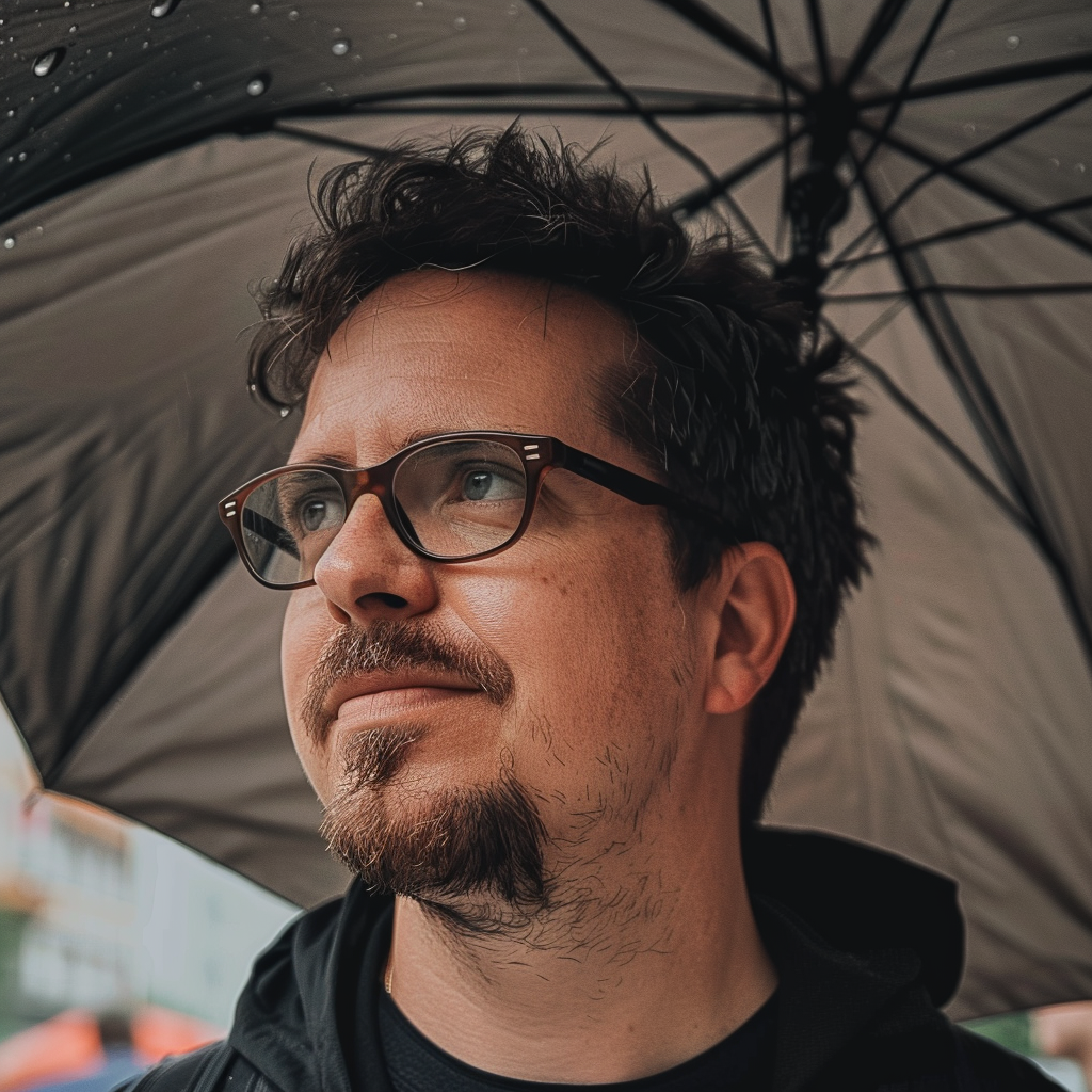 man holding black umbrella smiling