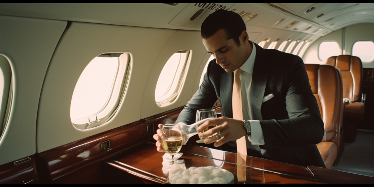 Man uncorking bottle on business jet