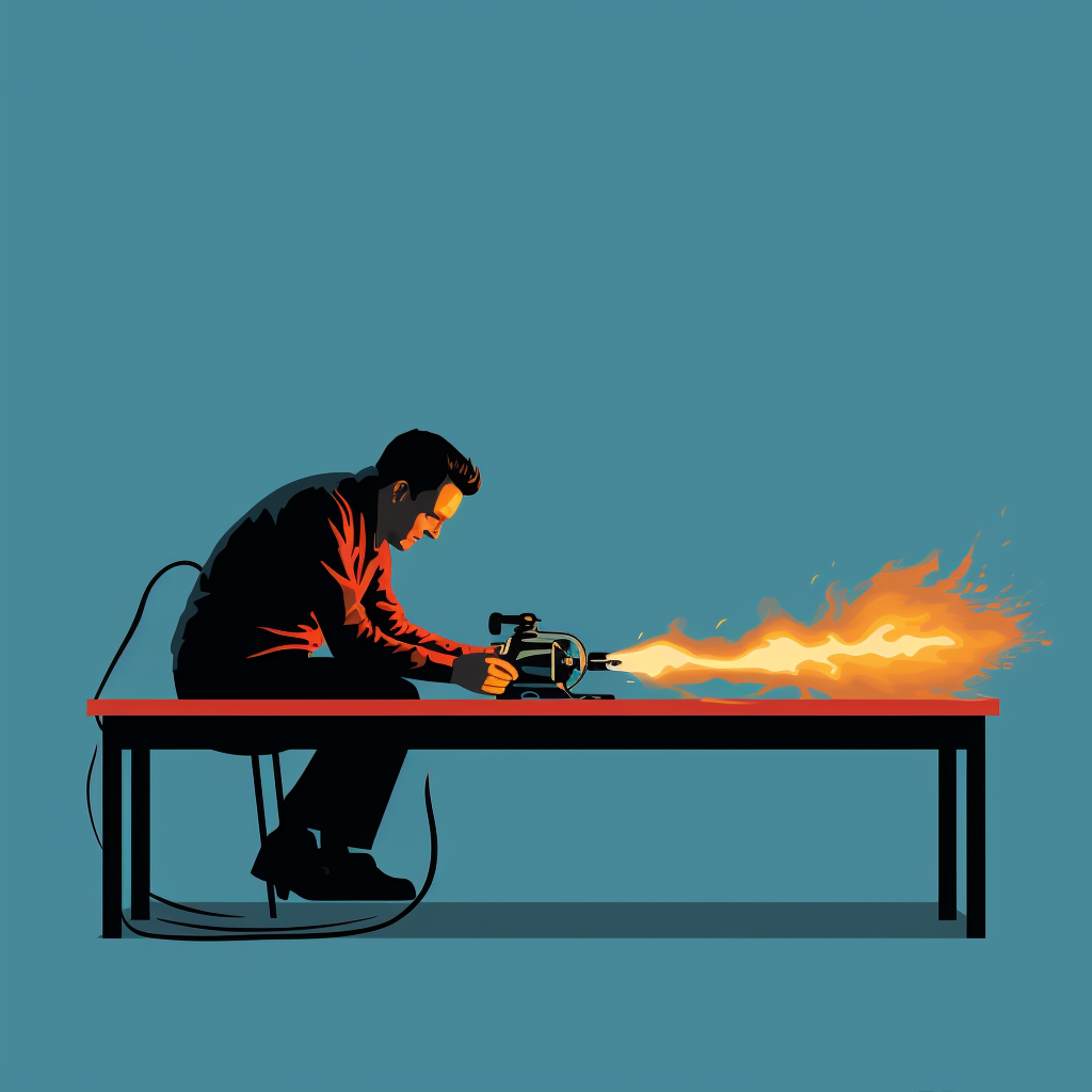 Man using blow torch on table