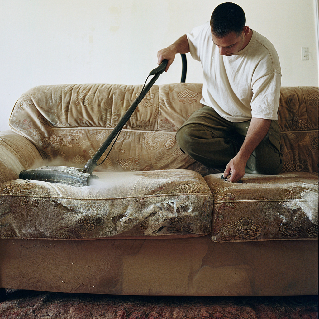 Man Cleaning Dirty Sofa Vacuum