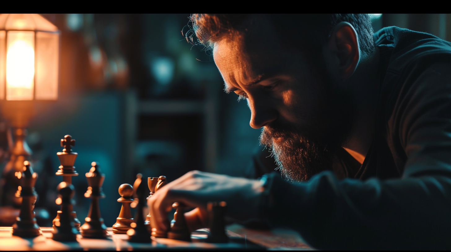 Man playing chess against AI hand