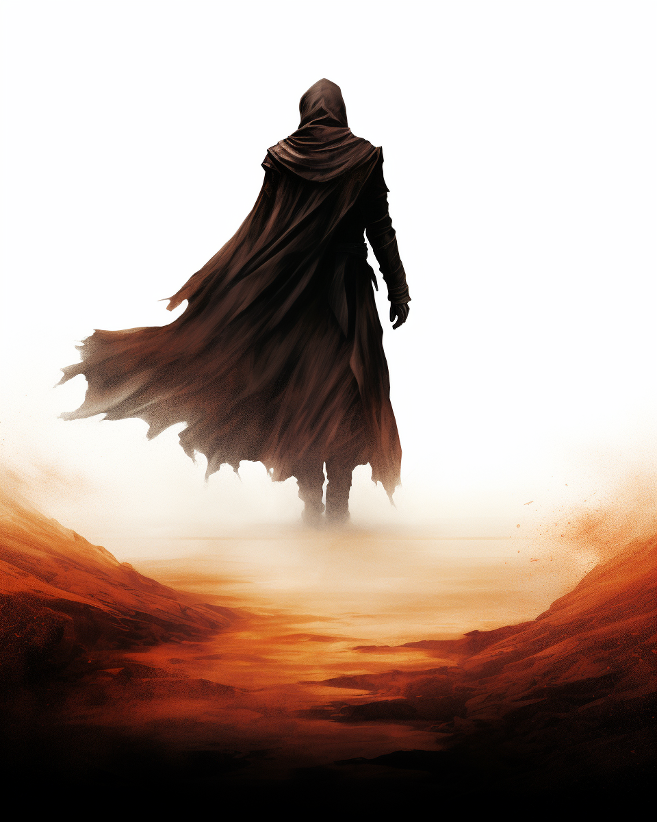 Silhouette of man walking away in travelling cloak