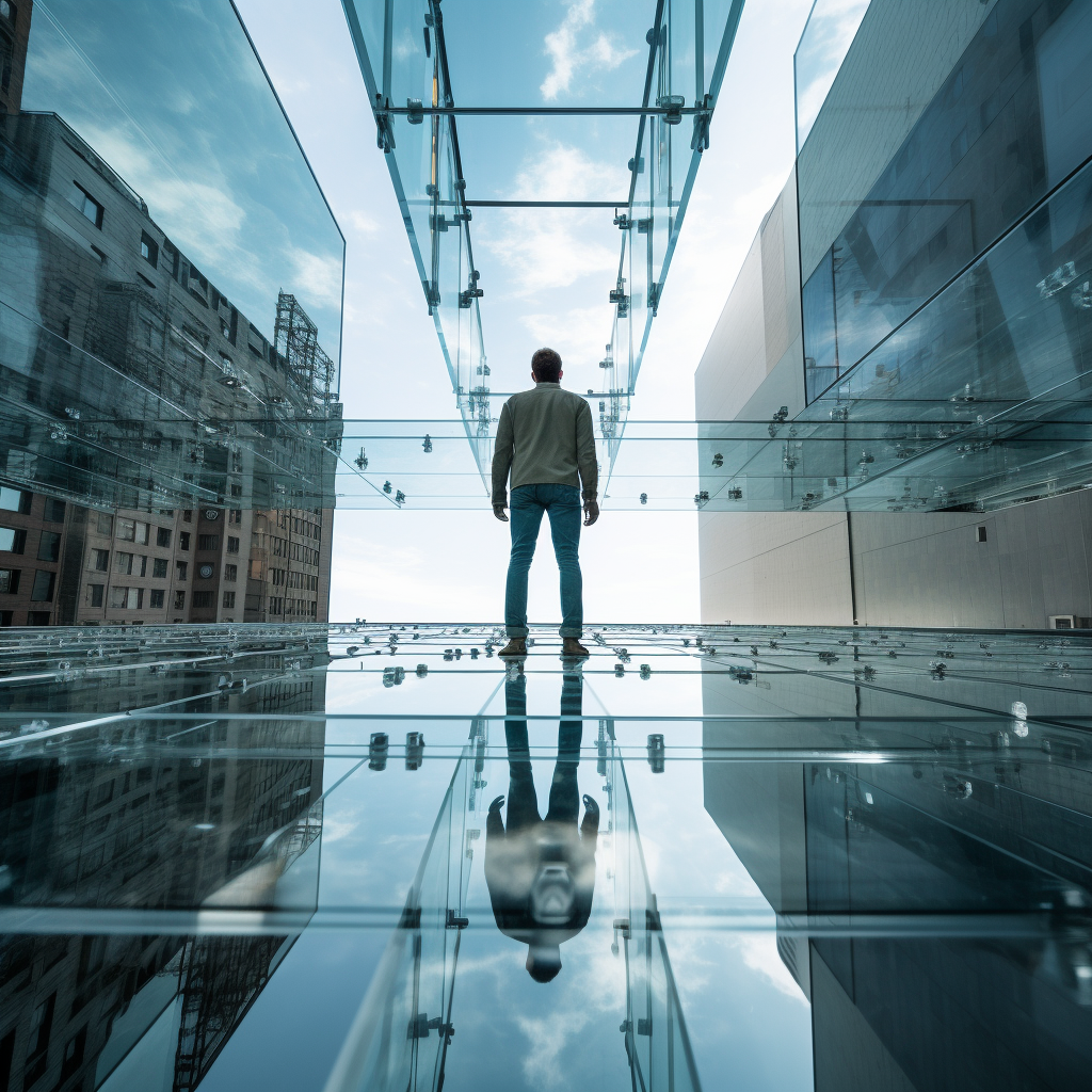 Man walking on glass floor