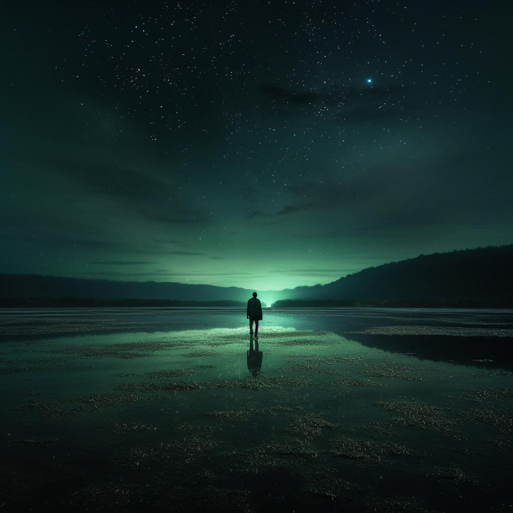 Man Walking in Lake at Night