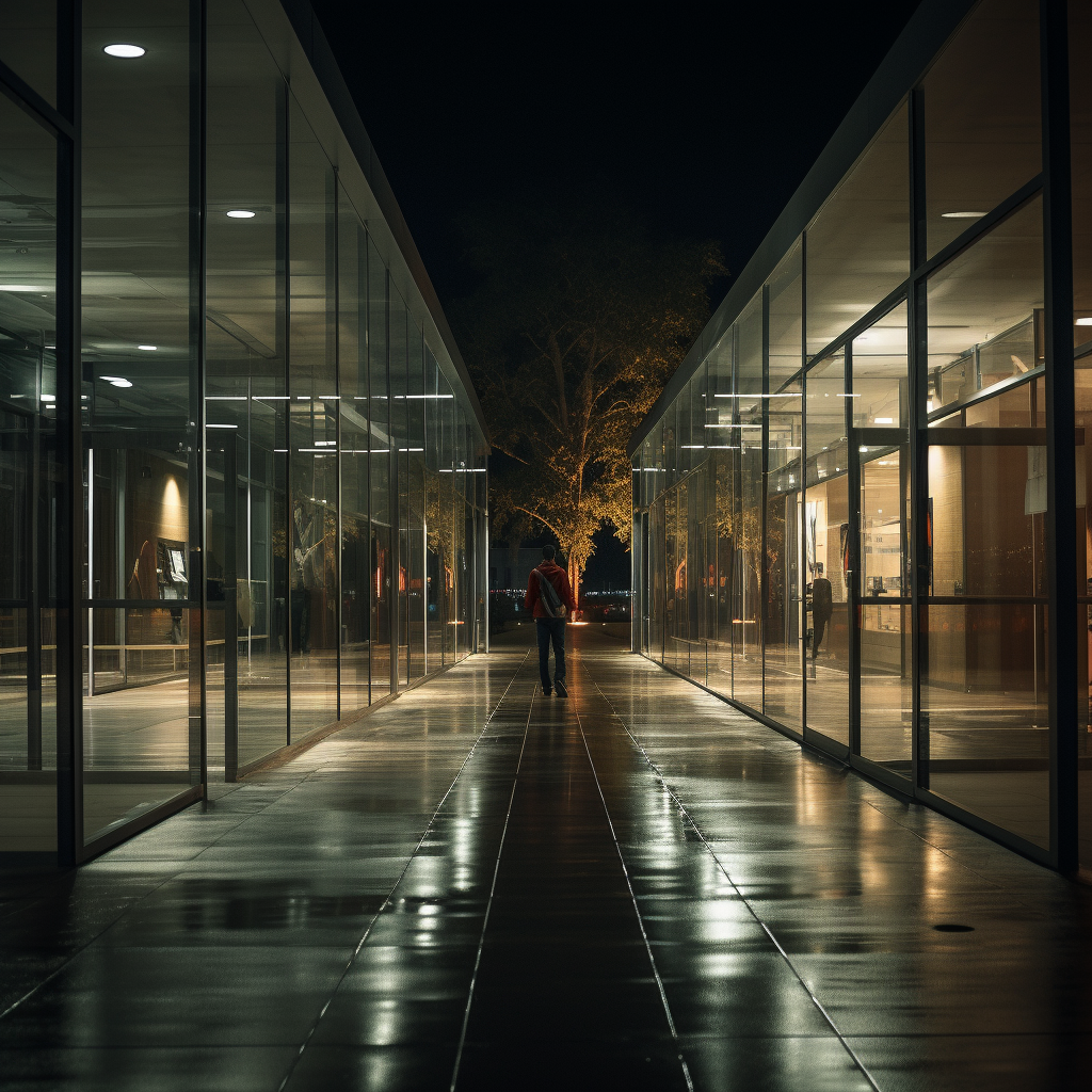 Man walking through glass window classrooms at night