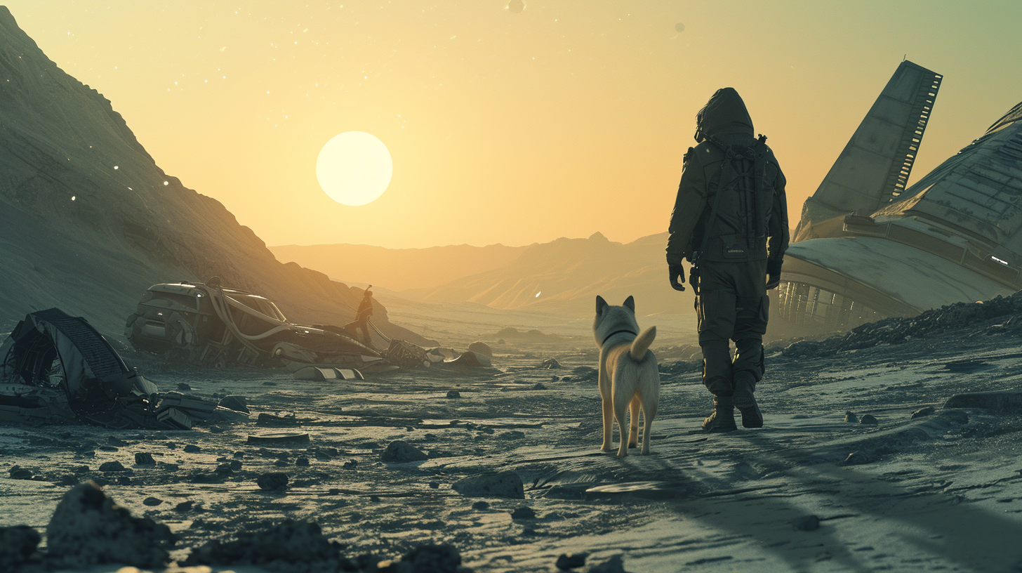 Man and Shiba Inu Walking on Space Planet